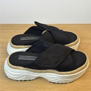 Zara Trafaluc Slide Sandals‎ Black/White with Jute Woman’s 35/Fits US 6.5-7